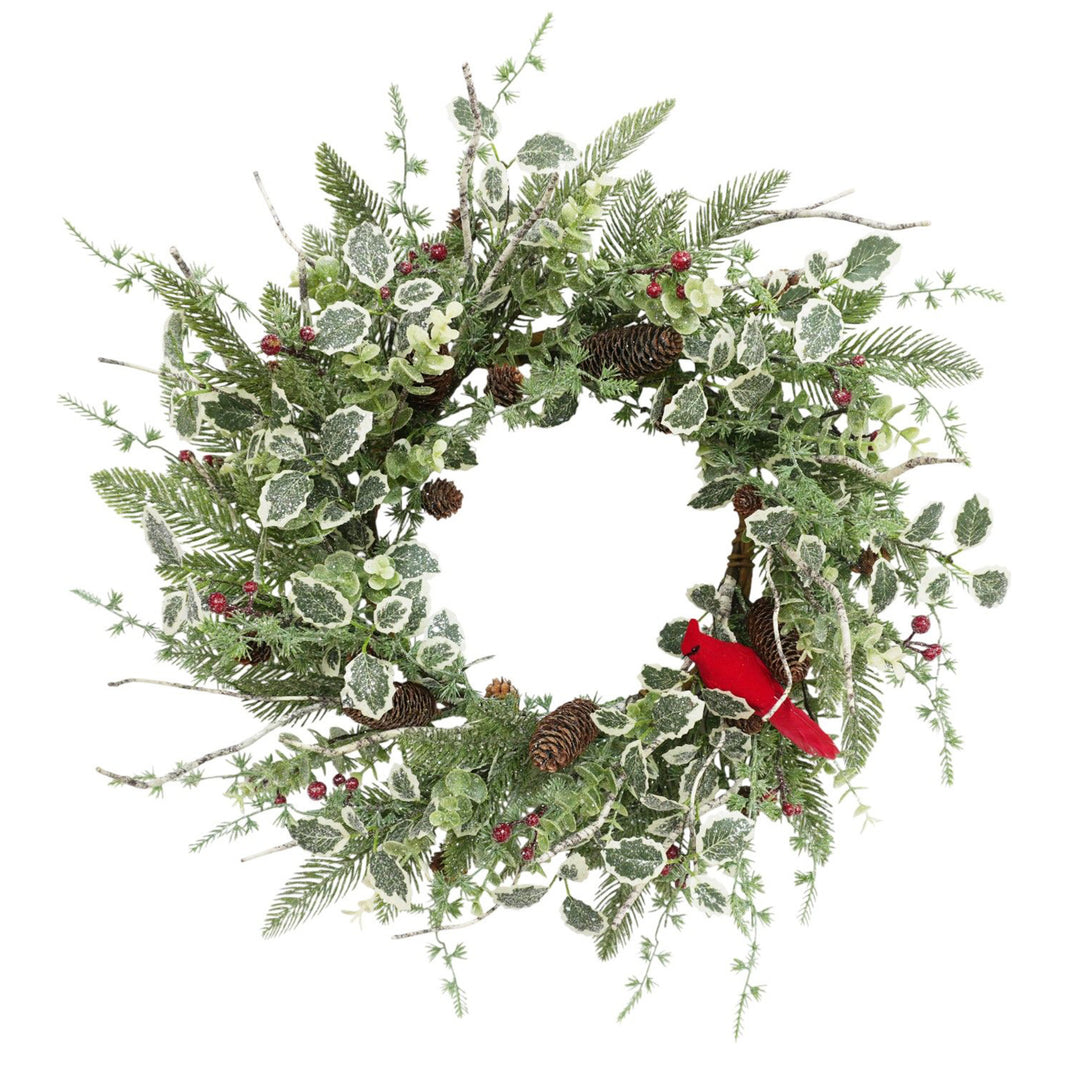 Mixed Foliage Pinecone and Cardinal Wreath
