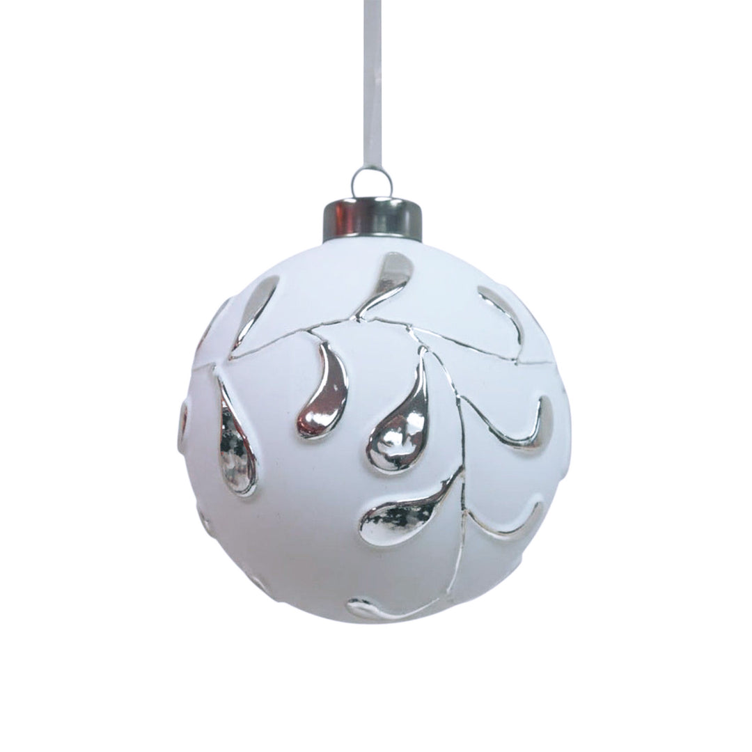 White Ball Ornament with Silver Embossed Leaf Design