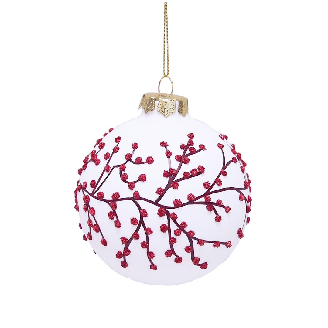 White Ball Ornament with Red Berry Design