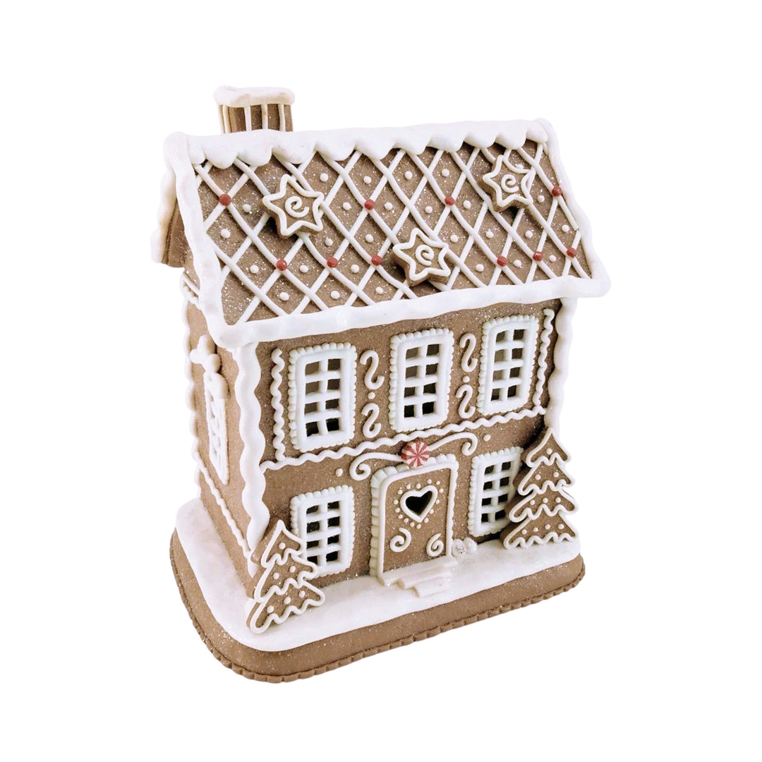 Lit Gingerbread House with Chimney and Cookie Trees