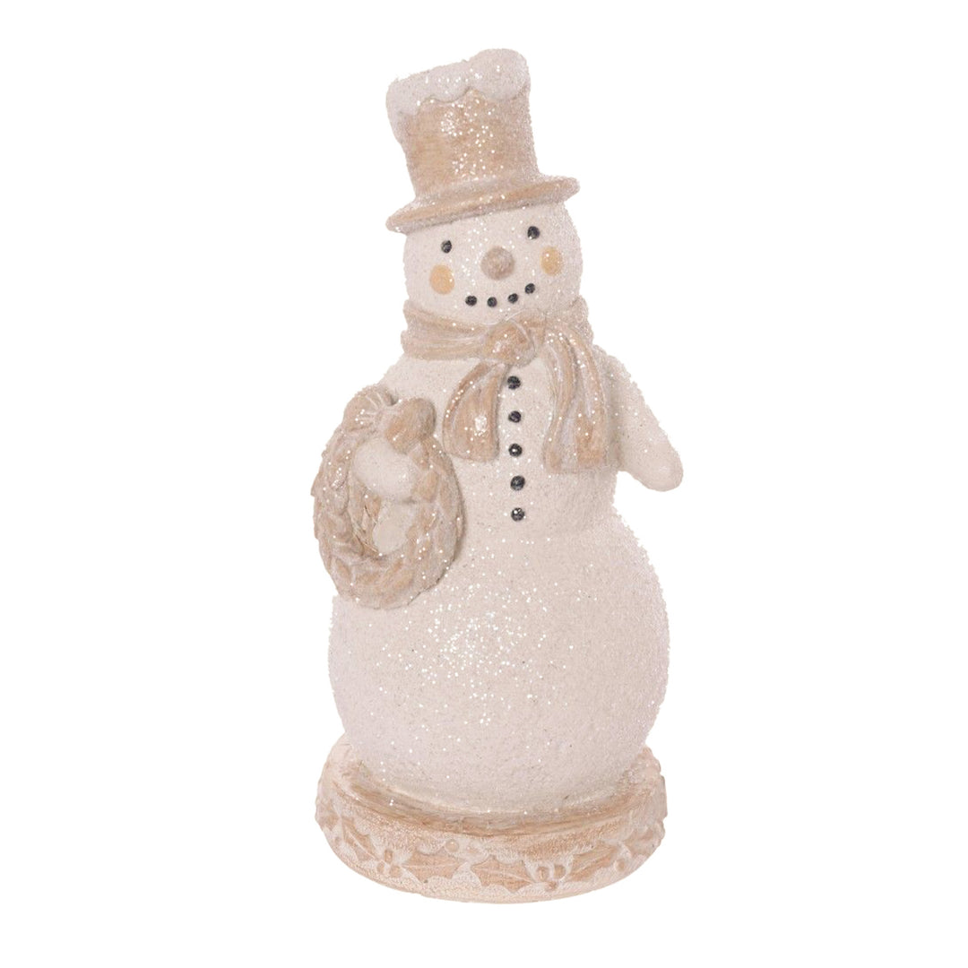Glittered Wood Finish Snowman with Wreath