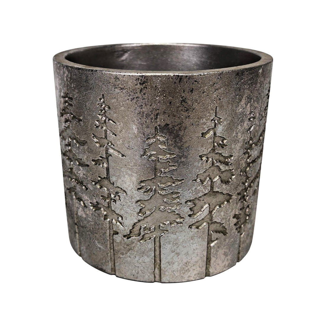 Cement Pot with Silver Christmas Tree Design