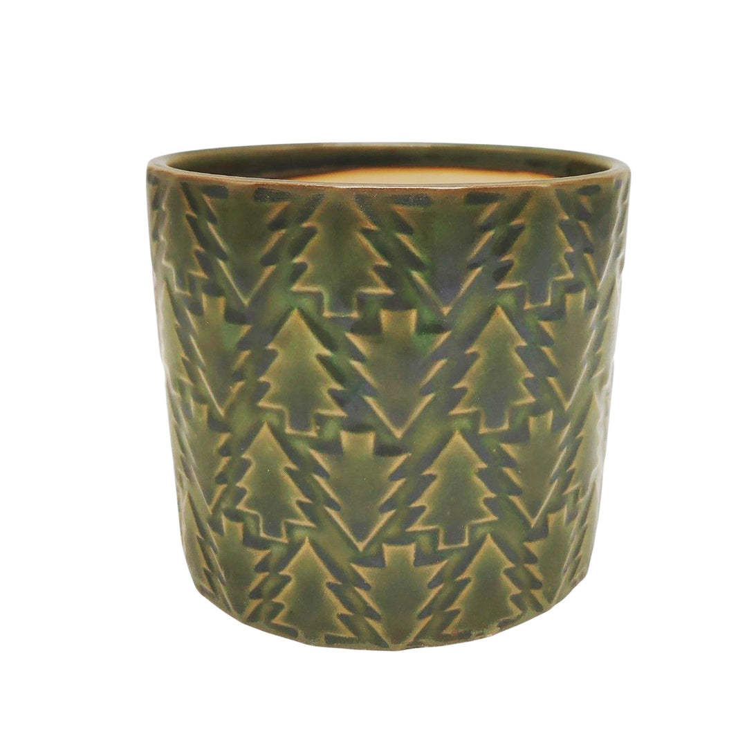 Cement Pot with Green Christmas Tree Design