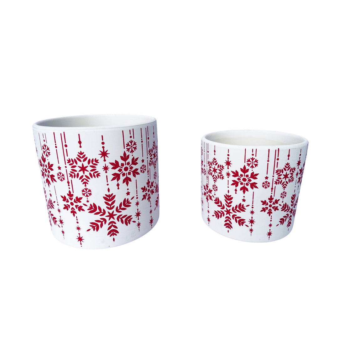 Red & White Snowflake Terra Cotta Pot