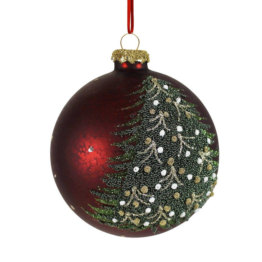 Burgundy Ball Ornament with Christmas Tree Design