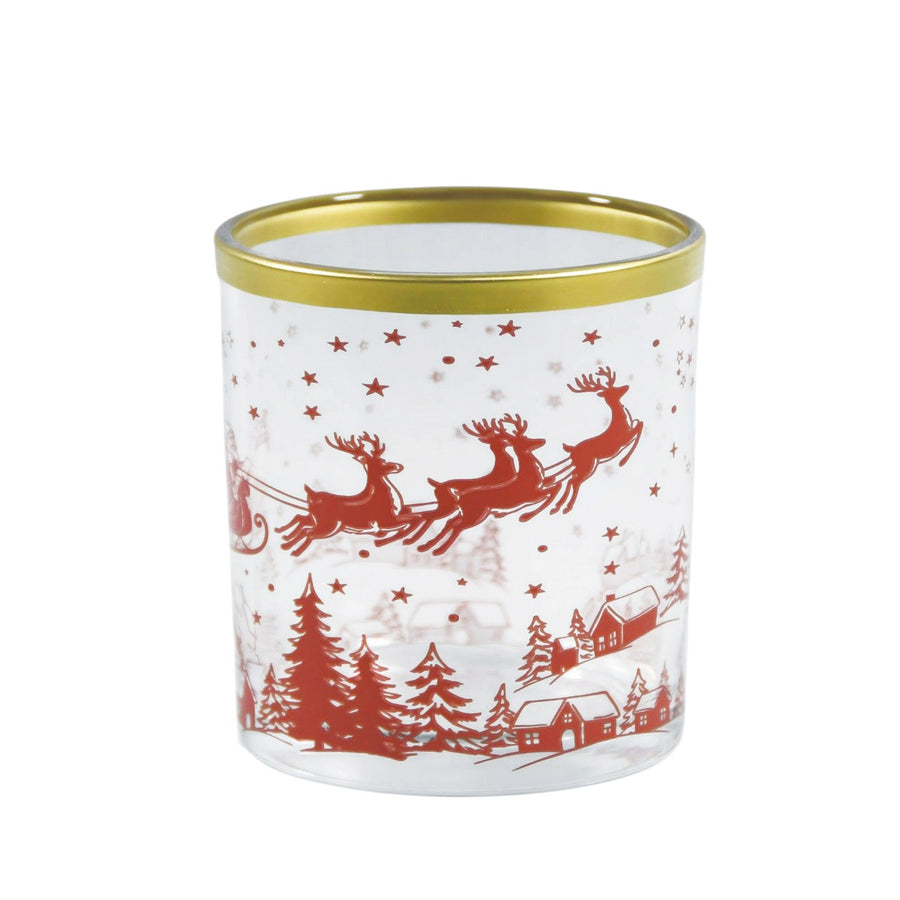 Red and White Votive Candle Holder with Deer and Sleigh Design