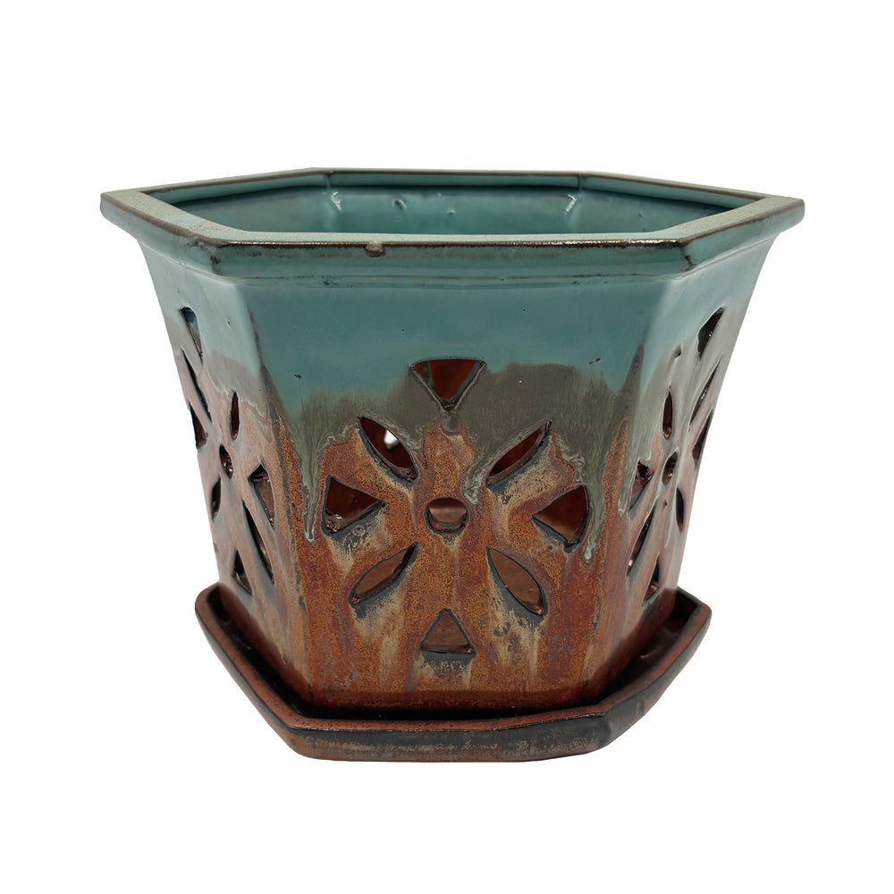 Floral Cut Out Orchid Pot with Saucer Brown 7.5 Inch