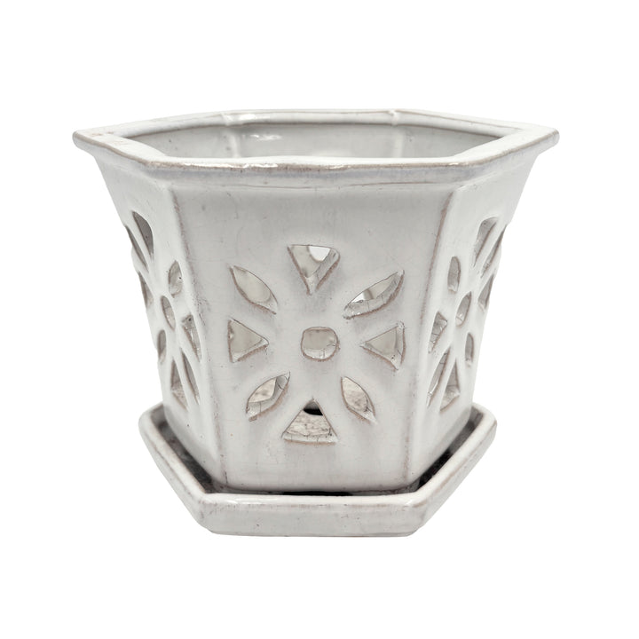 Floral Cut Out Orchid Pot with Saucer White 5.5 Inch