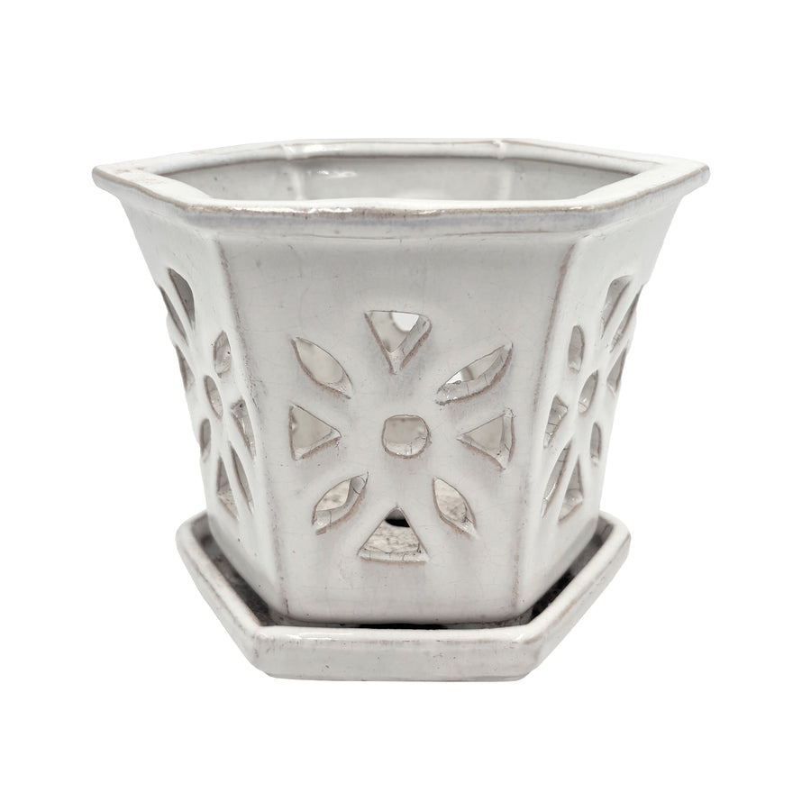 Floral Cut Out Orchid Pot with Saucer White 5.5 Inch