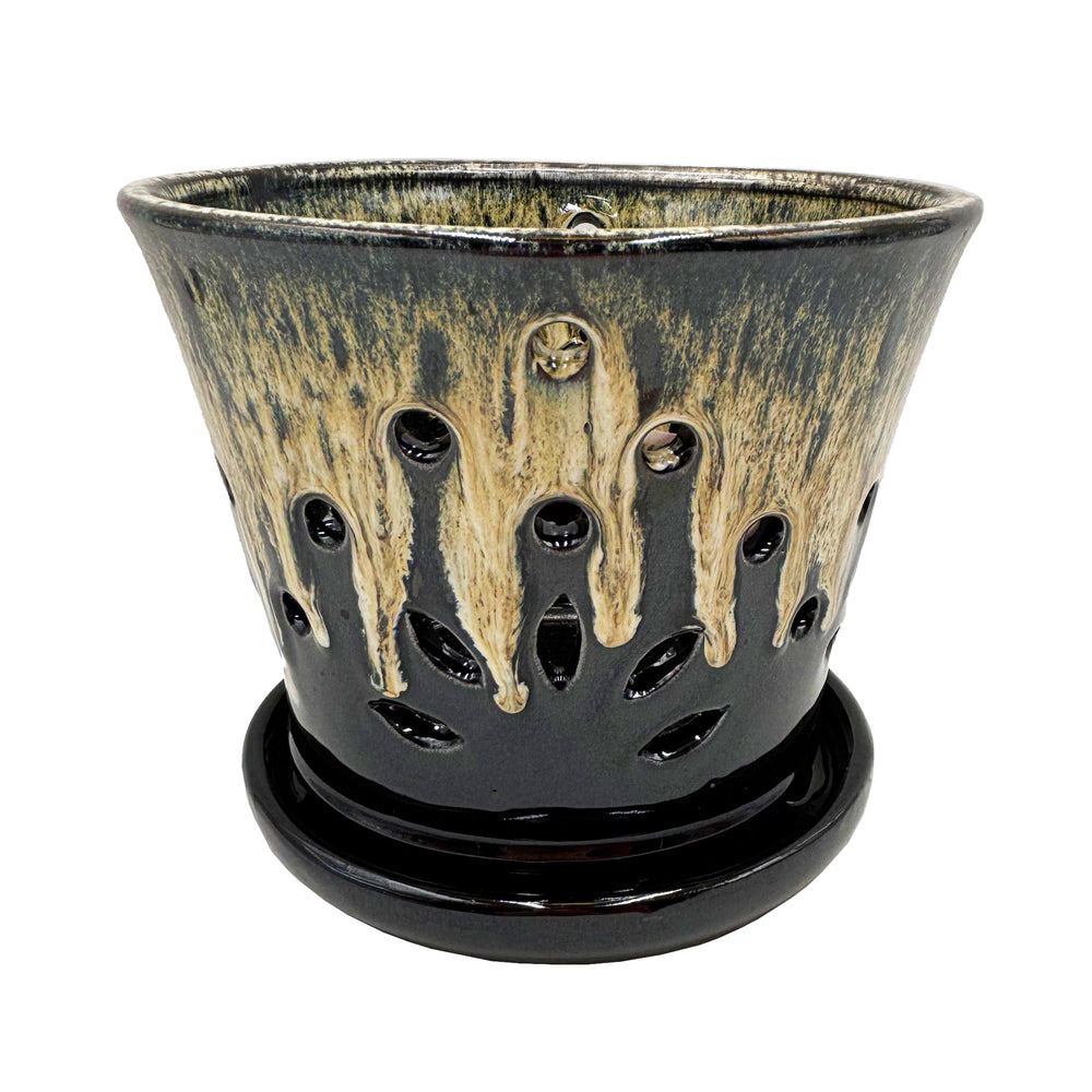 Orchid Pot with Saucer Black 7.5 Inch