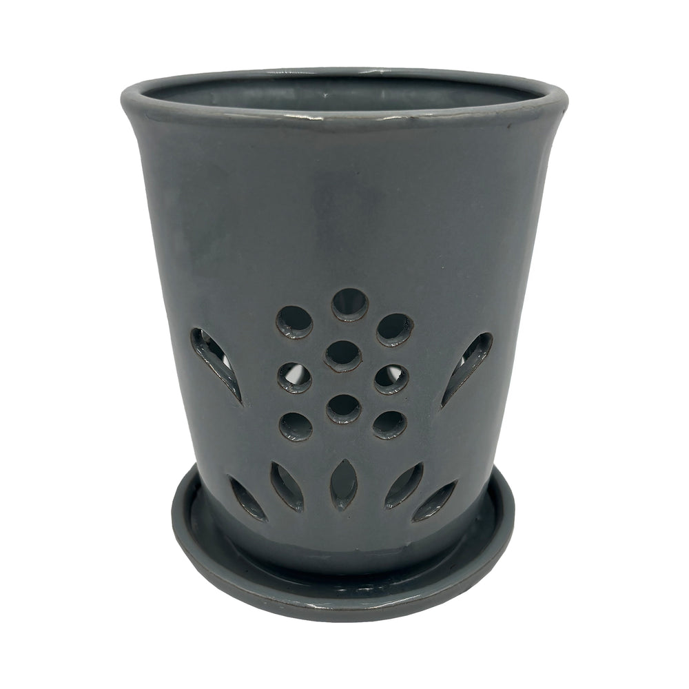 Hyacinth Cut Out Orchid Pot with Saucer Grey