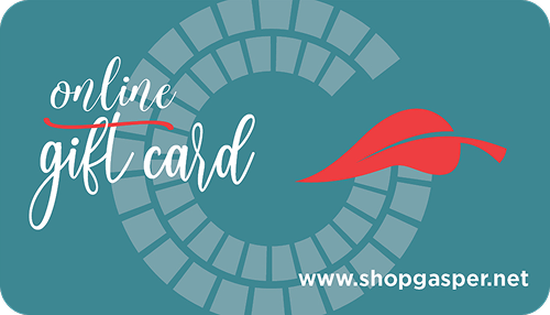 Online gift card with a light teal Gasper logo and website URL on a teal background